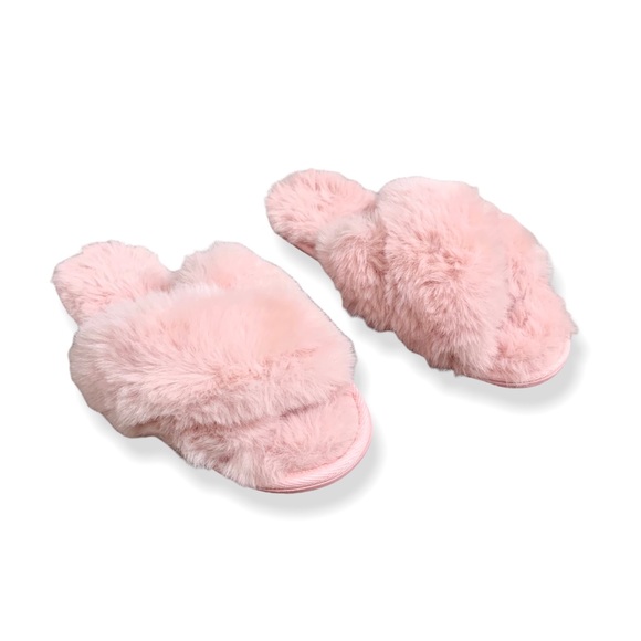 ❌SOLD❌ Lauren Conrad Pink Crossover Faux Fur Slipper Fuzzy Soft CrissCross M 7-8 - Picture 7 of 8